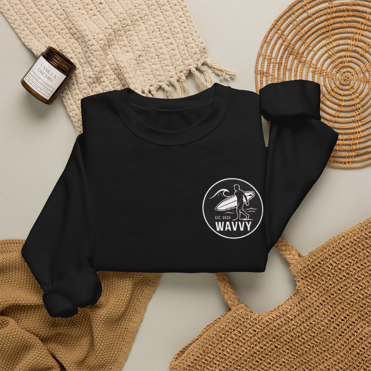Wavvy Wave Crewneck Sweatshirt — Minimal Surf Logo Pullover