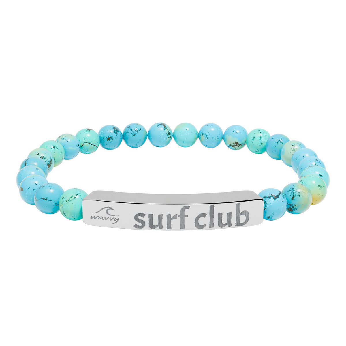 Engraved Natural Stone Stretch Bracelet — “surf club” Bar Bead Bracelet