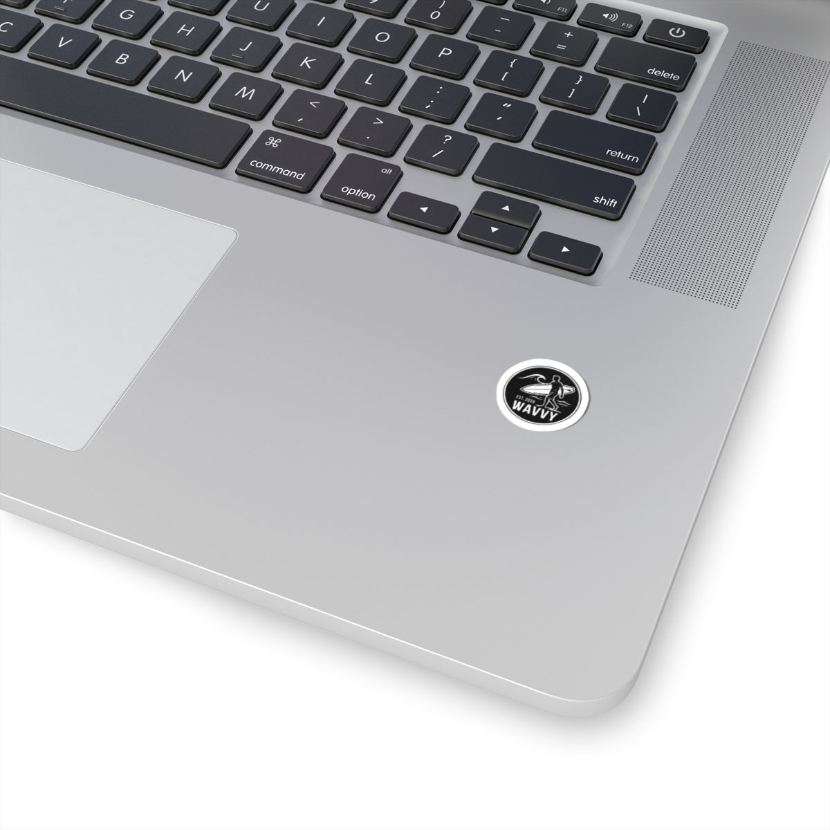 Wavvy Surfer Sticker — Black Surfboard Logo Kiss-Cut Decal
