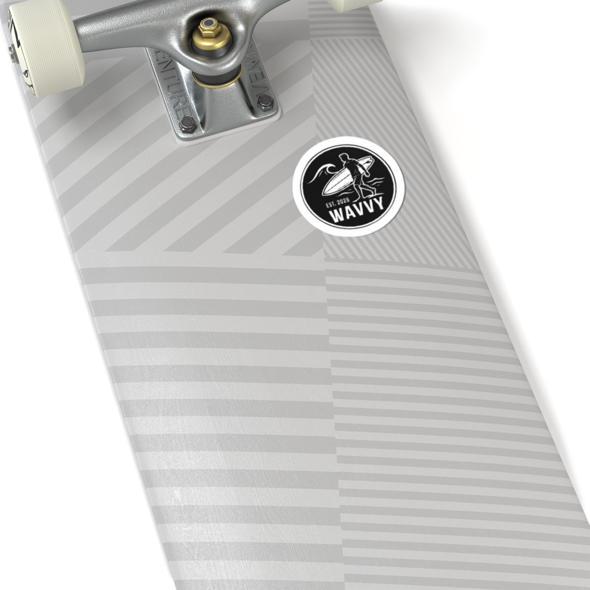 Wavvy Surfer Sticker — Black Surfboard Logo Kiss-Cut Decal