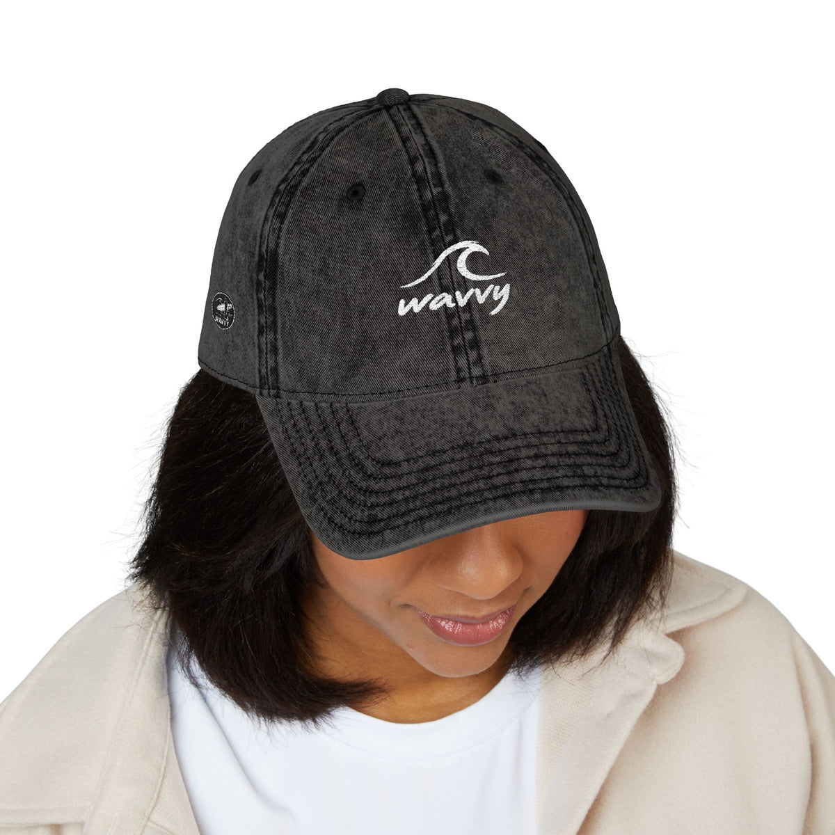 Vintage Embroidered Wavy Wave Cap — Washed Black Dad Hat