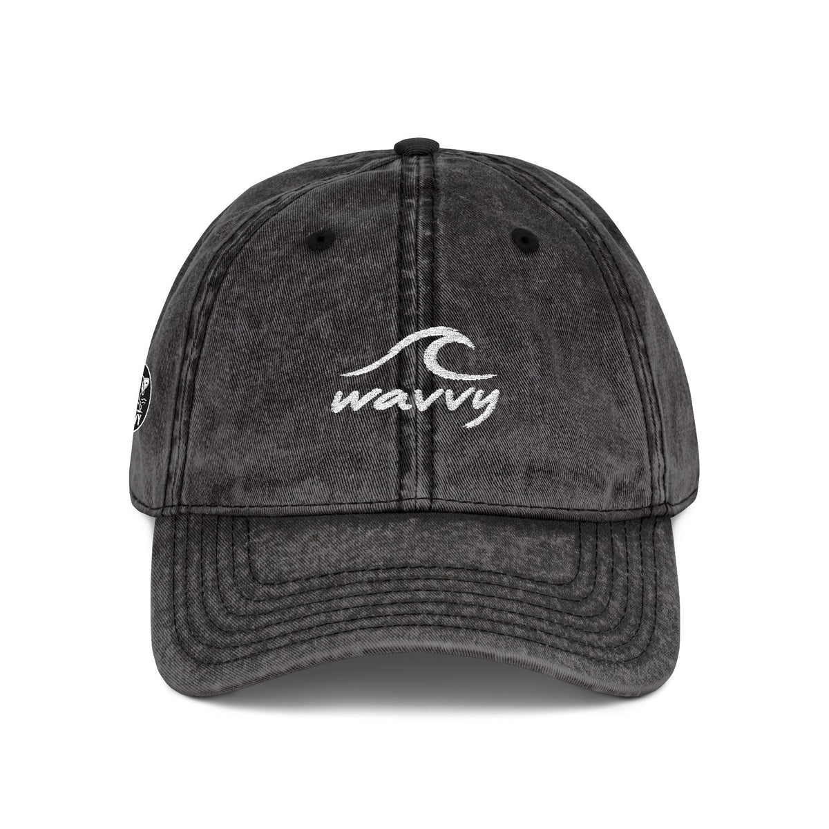 Vintage Embroidered Wavy Wave Cap — Washed Black Dad Hat