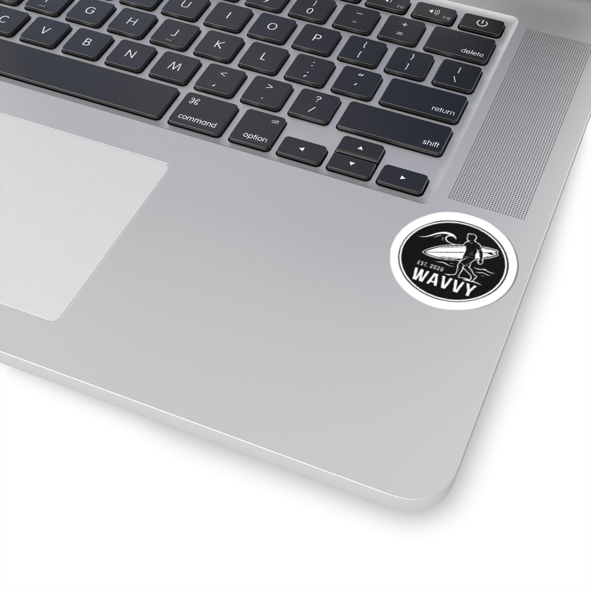 Wavvy Surfer Sticker — Black Surfboard Logo Kiss-Cut Decal