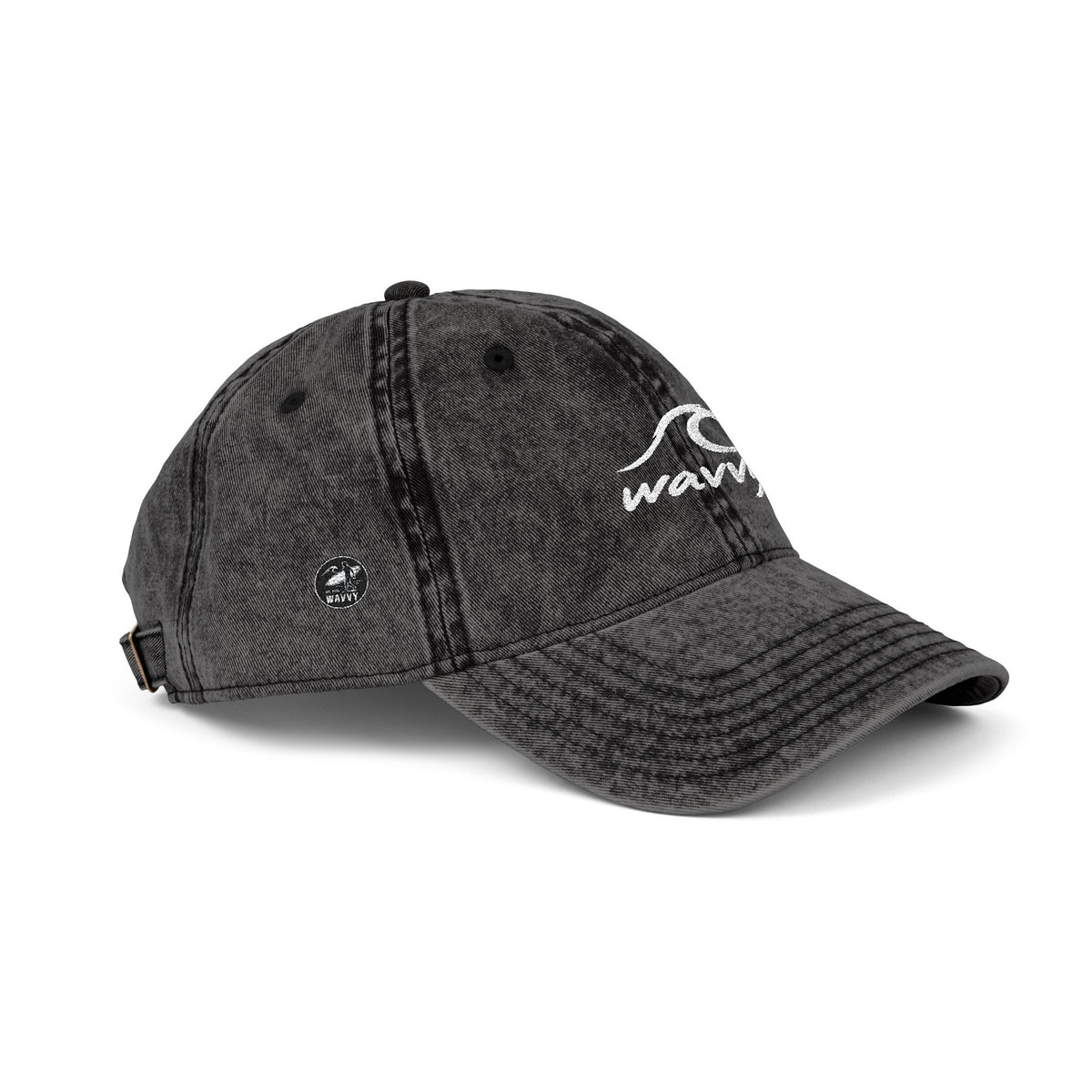 Vintage Embroidered Wavy Wave Cap — Washed Black Dad Hat