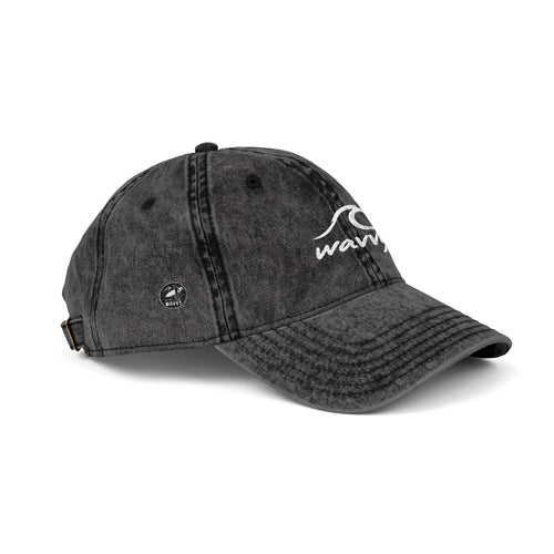 Vintage Embroidered Wavy Wave Cap — Washed Black Dad Hat
