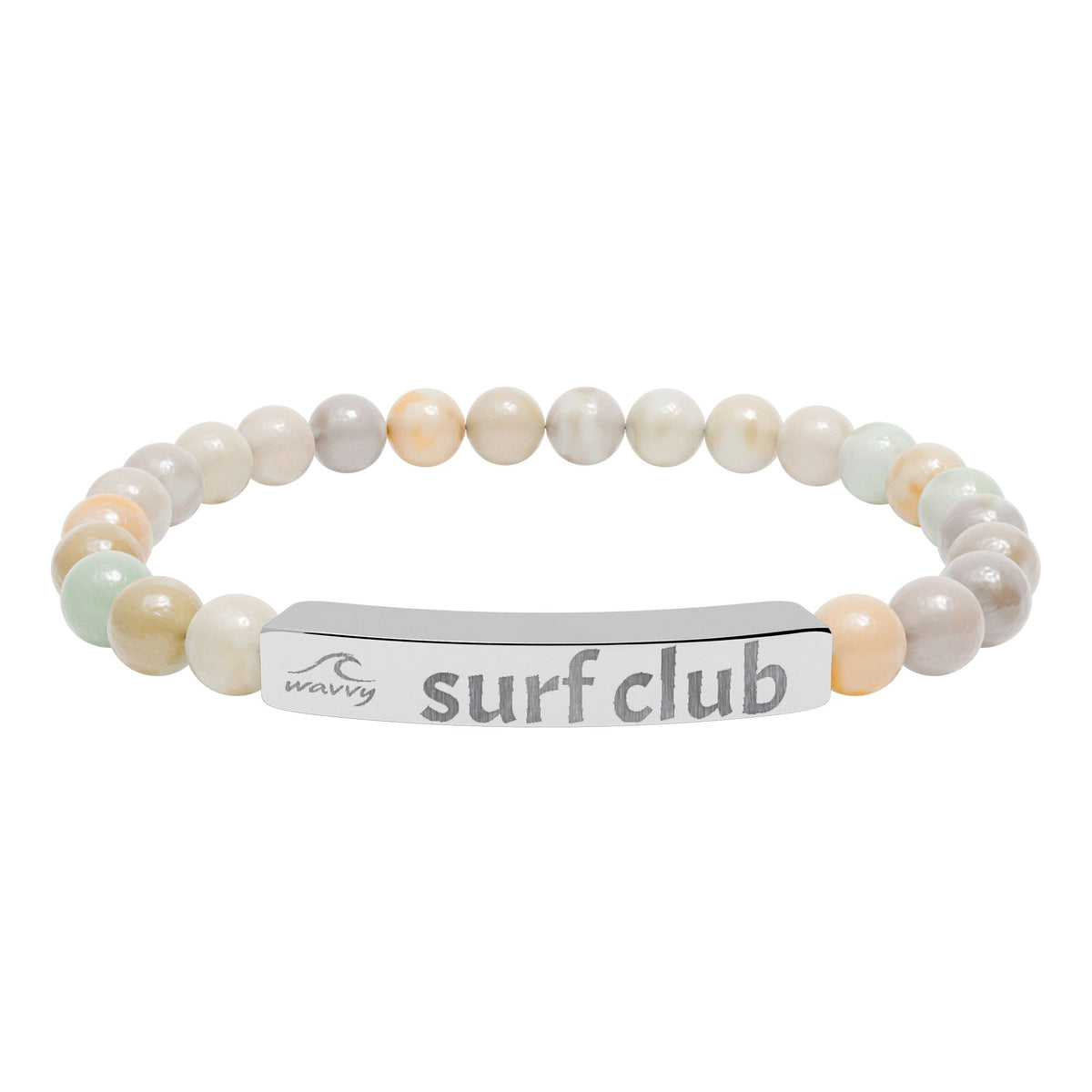 Engraved Natural Stone Stretch Bracelet — “surf club” Bar Bead Bracelet