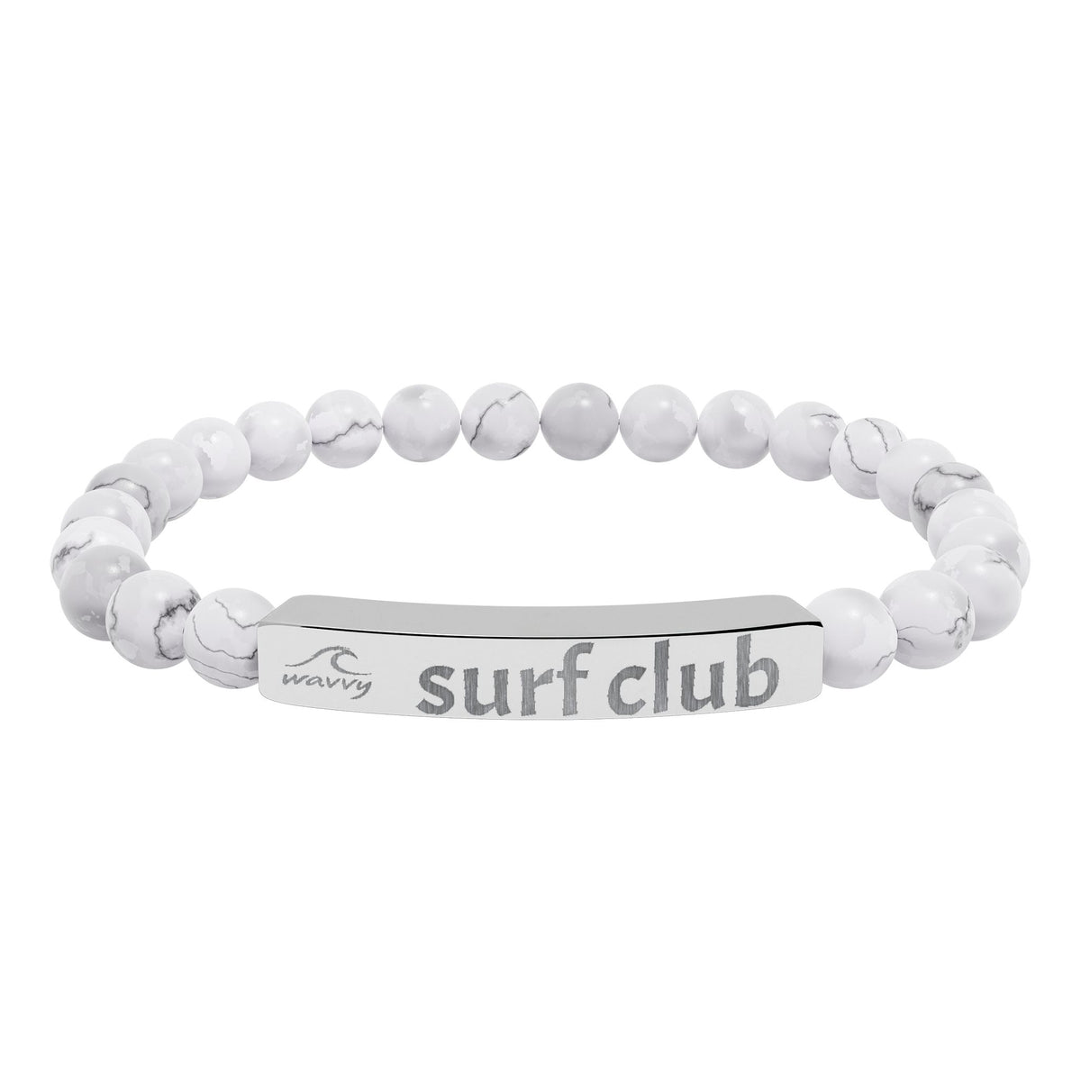 Engraved Natural Stone Stretch Bracelet — “surf club” Bar Bead Bracelet