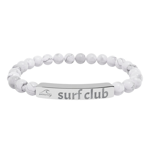 Engraved Natural Stone Stretch Bracelet — “surf club” Bar Bead Bracelet