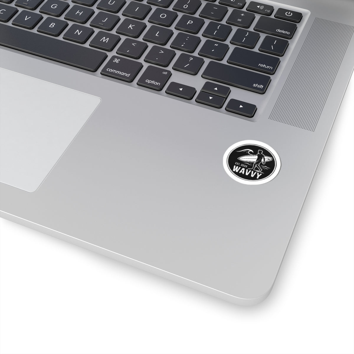 Wavvy Surfer Sticker — Black Surfboard Logo Kiss-Cut Decal